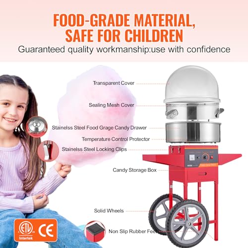 VEVOR Electric Cotton Candy Machine Cart with Cover, Commercial Floss Maker w/Stainless Steel Bowl, Sugar Scoop and Drawer, Perfect for Home, Carnival, Kids Birthday, Family Party, Red