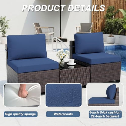 ALAULM Patio Furniture Set with Coffee Table, 14 Pieces Outdoor Sectional with Wide Seat and Thick Cushion, All Weather Wicker Rattan Conversation Set for Backyard, Garden, Deck, NavyBlue