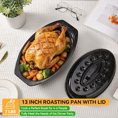 13” Roasting Pan, Turkey Roasting Pan, Small Oval Roaster Pan With Lid For 7 Lb Turkey, Chicken, Lamb, Beef, Vegetables, Casserole, Bread