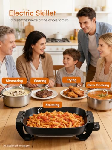 FOHERE 16-Inch Electric Skillet with Glass Cover, 1500W Rapid Heat, Adjustable Temperature, Multi-Purpose Electric Skillet Fried Chicken, Perfect For Family Gathering Cooking