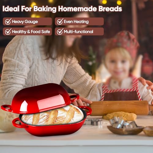 TeamFar Enameled Cast Iron Bread Loaf Pan, 2 QT Oval Dutch Oven with Lid for Sourdough Bread Baking, Enameled Meatloaf Loaf Baking Pan with Lid, Even Heat Distribution & Self-Basting, Red