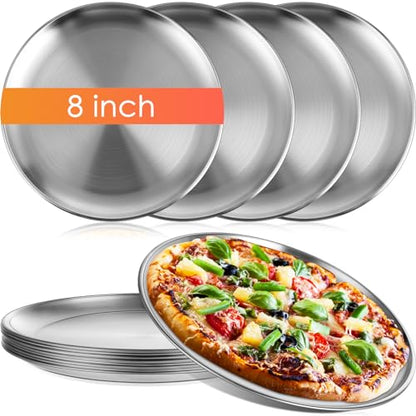 Thenshop 8 Pieces 8 Inch Pizza Pans Bulk Stainless Steel Sets Round Bakeware Pizza Trays for Oven Freezer Kitchen Baking Home Restaurant Picnics Safe Sturdy Reusable Easy Clean(Silver)