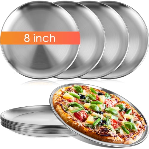 Thenshop 8 Pieces 8 Inch Pizza Pans Bulk Stainless Steel Sets Round Bakeware Pizza Trays for Oven Freezer Kitchen Baking Home Restaurant Picnics Safe Sturdy Reusable Easy Clean(Silver)