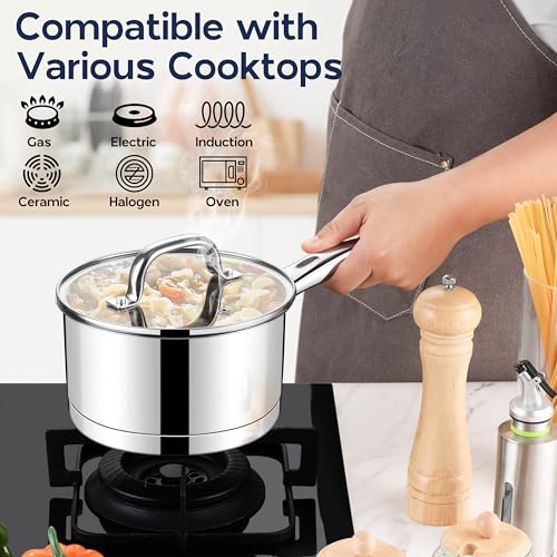 LIANYU 1 Quart Stainless Steel Saucepan, Small Sauce Pan with Lid, Tri-Ply Bottom Multipurpose Pot for Cooking, Straight Side, Dishwasher Safe, Compatible with All Cooktops