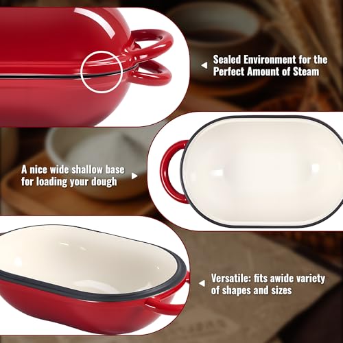 2 QT Oval Dutch Oven for Bread Baking, Enamelled Cast Iron Bread Oven for Sourdough, Sourdough Loaf Pan with Lid, Heavy-Duty Non Stick Bread Pan for Homemade Bread Baking, Red