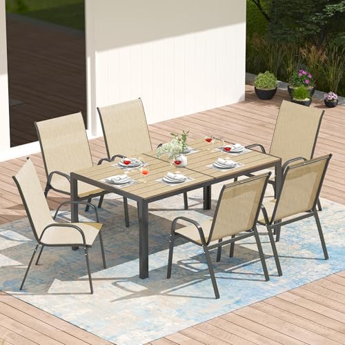 PIZZELLO 7-Piece Outdoor Dining Set Patio Dining Set for 6 Outdoor Table and Chairs All Weather Outdoor Patio Set w/Stackable Patio Chairs and HDPE Table for Backyard, Garden and Poolside, Khaki
