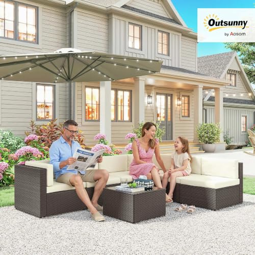 Outsunny 7 Piece Patio Furniture Set Wicker Outdoor Sectional Cream White