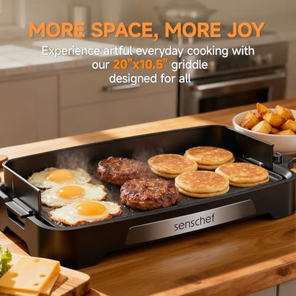 SENSCHEF Cleansnap Everyday Electric Griddle, 20” Nonstick Grill with Foldable Anti-Mess Shield, 1700W Fast Heating, ILAG Ultimate Coating, Dishwasher-Safe Removable Plate, Midnight Black