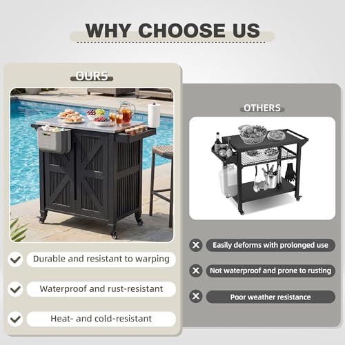 Outdoor Grill Cart with Stainless Steel Top, Outdoor Kitchen Island BBQ Prep Table, Storage Cabinet, Mobile Grill Cart with Folding Hanging Trash Bin, Wheels, Side Shelf for Patio, Garden, Picnic
