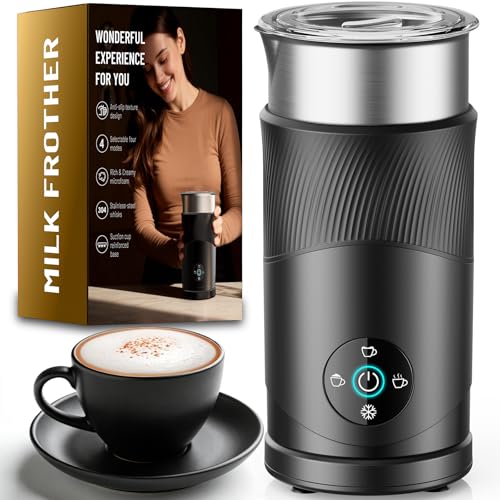 Ecoflarix Large Capacity Milk Frother: 4-in-1 Electric Milk Steamer 350ml, 7700RPM High Speed, 120s Fast Frothing, 𝐇𝐨𝐭 & 𝐂𝐨𝐥𝐝 Foam Maker, Helpful Stainless Steel for Latte - Grayish Black