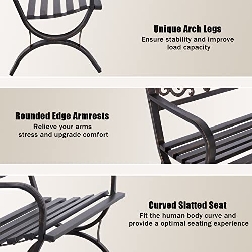 MFSTUDIO 50 Inches Outdoor Garden Bench, Cast Iron Metal Frame Patio Park Bench with Floral Pattern Backrest, Arch Legs for Porch, Lawn, Yard-Bronze