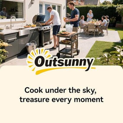 Outsunny Grill Table for Big Green Egg Grill, Heavy Duty Metal BBQ Prep Table with Stainless Steel Top, Storage Cabinet, Spice Rack, Paper Towel Rack, Outdoor Kitchen Island with Wheels, Hooks, Handle