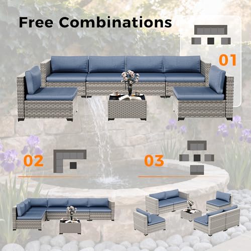 MAISON BACKYARDS 6-Seat Modular Patio Furniture Set – Outdoor Wicker Sectional Sofa with Thick 4″ Cushions, Dual-Strand PE Rattan, Rust-Resistant 18 mm Steel Frame, Backyard Garden Deck Lounge,Navy