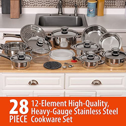 28 Piece 12-Element, Heavy-Gauge Stainless Steel Cookware Set