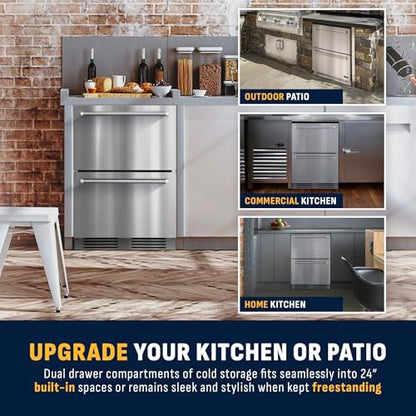 NewAir 24” Dual Zone Outdoor Beverage Fridge and Freezer | Freestanding or Built-In Under counter Refrigerator for Outside Patio | Dual Drawers that Refrigerate and Freeze | Stainless Steel