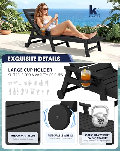 KINGYES HDPE Lounge Chair Outdoor Set of 2, All Weather Pool Lounger