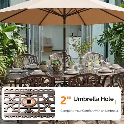 VINGLI 9-Piece Cast Aluminum Outdoor Dining Set for 8, Rectangular Patio Table with Umbrella Hole & 8 Stackable Chairs, All-Weather Garden/Poolside Furniture