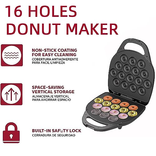 Mini donut maker, 1400w donut maker, can make 16 donuts, double-sided heating, non-stick pan, suitable for family gatherings, dessert making for couples, dessert shop black