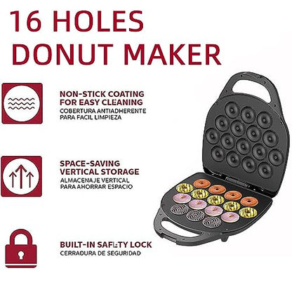 Mini donut maker, 1400w donut maker, can make 16 donuts, double-sided heating, non-stick pan, suitable for family gatherings, dessert making for couples, dessert shop black