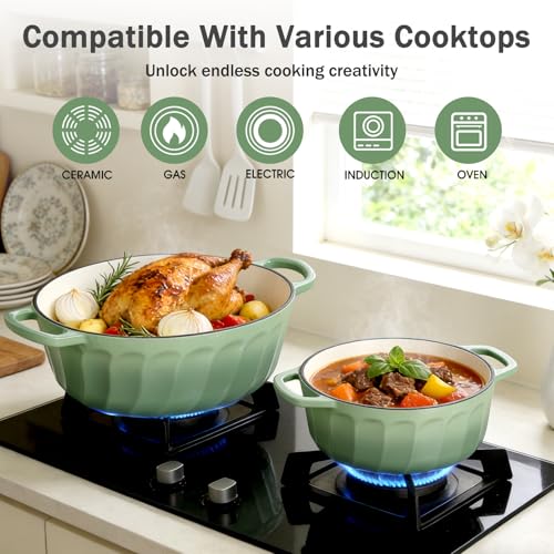NSIRONS Enameled Cast Iron Dutch Oven with Lid, 3 QT Dutch Oven Pot for Bread Baking, Heavy Duty Cast Iron Pot for Braising, Cook, Bake, Refrigerate Safe across All Cooktops (Pistachio Green,3 QT)