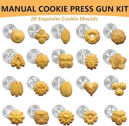 Stainless Steel Cookie Press Kit with Reinforced Handle, Professional Spritz Cookie Maker Gun with 20 Discs, 8 Icing Tips, Piping Bag & Brush, Durable Baking Set for DIY Holiday Cookies & Churros