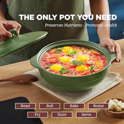 MINH LONG 3-Qt Porcelain Dutch Oven with Lid – Lead & Cadmium Free, Oven Safe to 482°F, Heat Retention, Clay Pot for Cooking on Gas & Infrared Cooktop, Use to Marinate, Cook, Bake, Refrigerate & Serve