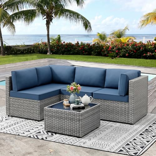Vongrasig 5 Pieces Patio Furniture Set with Cushion, Glass Table, Navy Blue