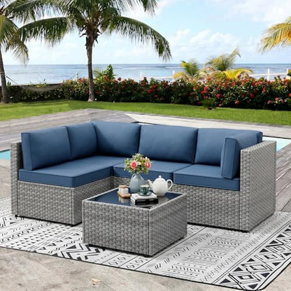 Vongrasig 5 Pieces Patio Furniture Set with Cushion, Glass Table, Navy Blue