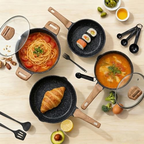 Simple Deluxe 25Pcs Ceramic Cookware Set, Nonstick & Non-Toxic Healthy Pots and Pans, Heat-Resistant Handles, Induction Cookware Sets with Frying Pans, Black