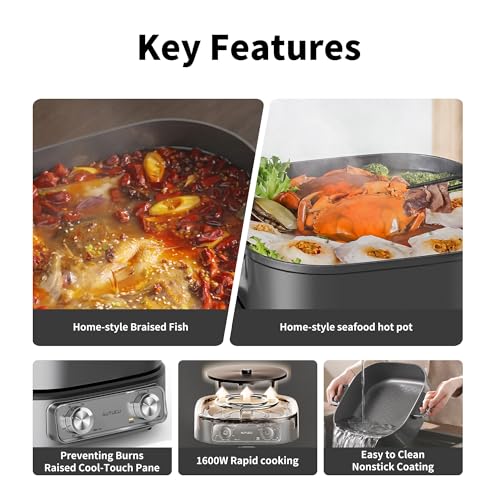6-Quart Electric Skillet, Hot Pot | Non-Stick PFOA-Free Ceramic-Coated Pot, 1600W, Timer & 3 Power Settings for Steak, Egg, Ramen, Nonstick Pot