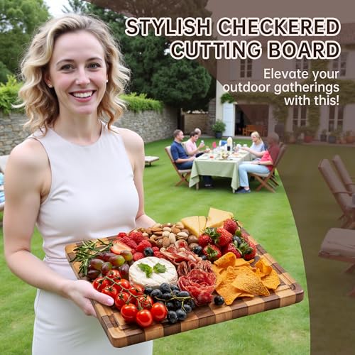 FYCTIO Checkered Cutting Boards for Kitchen, Wooden Cutting Board Set, Acacia Chopping Board with Juice Grooves & Handles, Butcher Block Serving Tray for Meat, Vegetables and Fruits, 3pcs