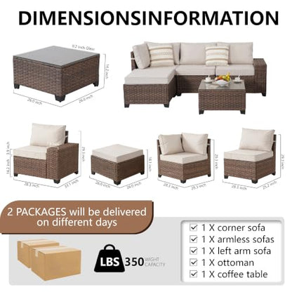 PAIQIAN 5 Piece Patio Furniture Set, Wicker Outdoor Sectional, Beige/Brown