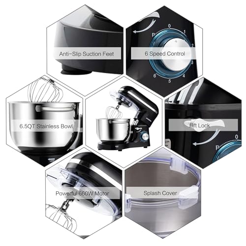 Aucma Stand Mixer,6.5-QT 660W 6-Speed Tilt-Head Food Mixer, Kitchen Electric Mixer with Dough Hook, Wire Whip & Beater (Black, 6.5QT)