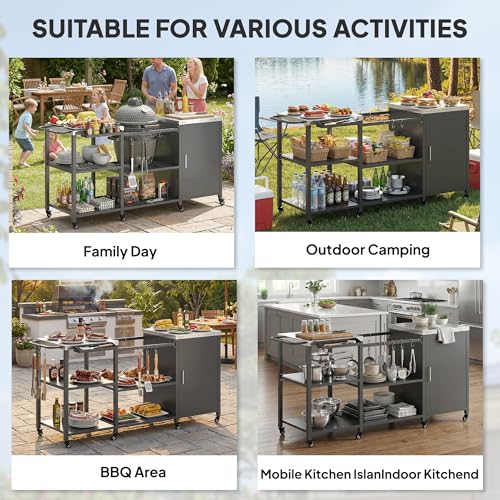 Outsunny Grill Table for Big Green Egg Grill, Heavy Duty Metal BBQ Prep Table with Stainless Steel Top, Storage Cabinet, Spice Rack, Paper Towel Rack, Outdoor Kitchen Island with Wheels, Hooks, Handle