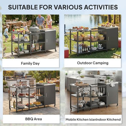 Outsunny Grill Table for Big Green Egg Grill, Heavy Duty Metal BBQ Prep Table with Stainless Steel Top, Storage Cabinet, Spice Rack, Paper Towel Rack, Outdoor Kitchen Island with Wheels, Hooks, Handle