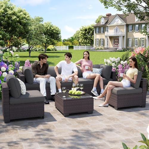 OUGMMGOU 7-Piece Outdoor Patio Furniture Set, 6-Seat All-Weather PE Rattan Wicker Patio Sectional Furniture Set with Coffee Table, 450 lb Capacity