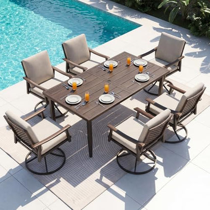 NATURAL EXPRESSIONS 7 Piece Patio Dining Set for 6 Outdoor Furniture Set,6 Pcs Outdoor Rattan Wicker Swivel Chairs with Woodgrain Armrest, 65" Large Dining Table with 1.65'' Umbrella Hole for Garden