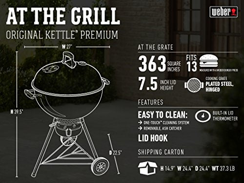 Weber Original Kettle Premium Charcoal Grill, 22-Inch, Green – Outdoor BBQ Grill with Built‑In Thermometer, Heat Control Dampers & One‑Touch™ Cleaning System