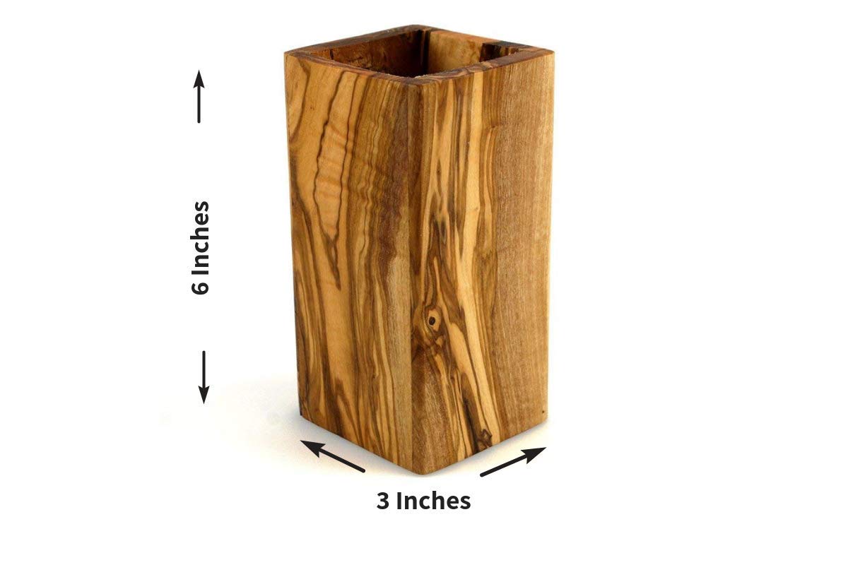 Tramanto Olive Wood Utensil Holder - Compact 3 x 3 Inch Square Wooden Crock for Kitchen Tools and Cooking (6 Inch Tall)