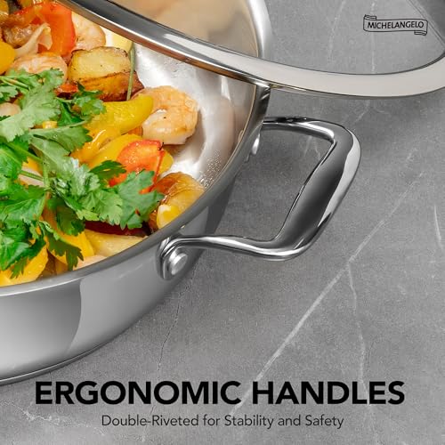 MICHELANGELO 12 Inch Stainless Steel Pan with Lid - Large Saute Pan with Lid, Deep Frying Pan Dishwasher & Oven-Safe, All Cooktops Compatible, 6 Quart