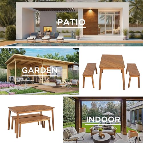 SOFTSEA 3-Piece Outdoor Patio Dining Table Set, Acacia Wood Picnic Table with 2 Benches, Indoor Outdoor Dining Set for Garden, Porch and Poolside, Natural