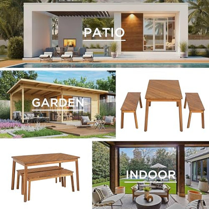 SOFTSEA 3-Piece Outdoor Patio Dining Table Set, Acacia Wood Picnic Table with 2 Benches, Indoor Outdoor Dining Set for Garden, Porch and Poolside, Natural
