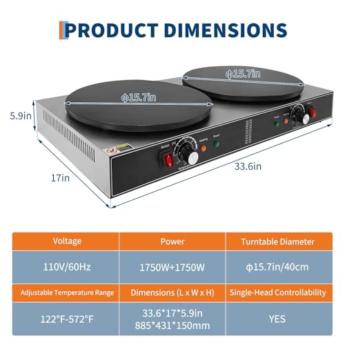 Garvee Electric Crepe Maker,3400 w 110 v Flat Plate Crepe Griddle with Double Plate and Temp Control,Non-Stick Commercial Crepe Machine for Home and Commercial Use