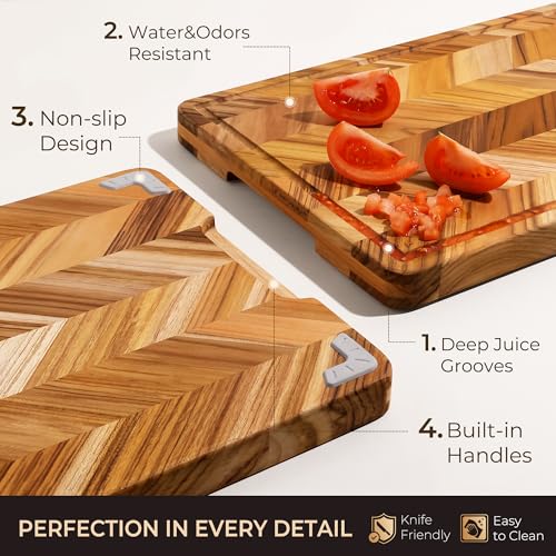 oridom Teak Wood Cutting Board for Kitchen Large End Grain Heavy Duty Checkered Wooden Cutting Board Non Toxic Herringbone Charcuterie Butcher Block Non Slip Hardwood Chopping with Juice Groove Handle