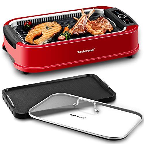 Indoor Smokeless Grill, Techwood 1500W Electric BBQ Grill with Temperature Control, Korean Grill Removable Non-Stick Grill & Griddle Plates, Tempered Glass Lid, Red