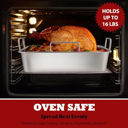 P&P CHEF Roasting Pan Set (8 PCS), 14 Inch Stainless Steel Turkey Roaster Pan, Flat & V-shaped Roasting Racks & Beer Can Chicken Holder, Meat Claws & Tenderizer, Brush, Healthy & Heavy Duty