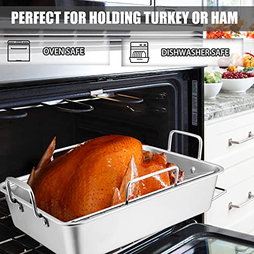 TeamFar Roasting Pan, Large Turkey Roaster Pan Stainless Steel with V Rack & Cooling Rack, Beer Can Chicken Holder & Meat Claws for Shredding & Silicone Brush, Healthy & Dishwasher Safe - 7 Pcs