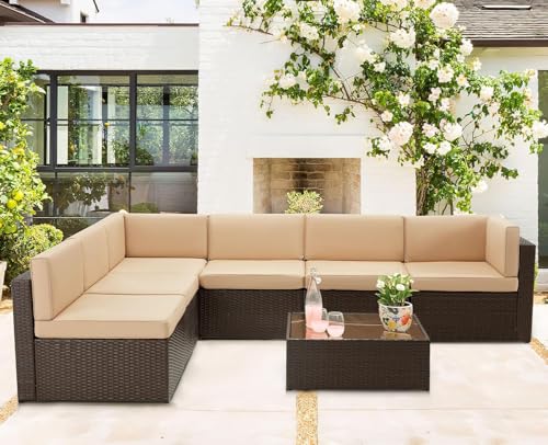 U-MAX 7 Piece Outdoor Patio Furniture Set, PE Rattan Wicker Sofa Set, Outdoor Sectional Furniture Chair Set with Cushions and Tea Table, Brown