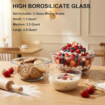 BECFISH Borosilicate Glass Mixing Bowls, Set of 3 (2.8, 2.2, 1.1QT) - Heavy-Duty, Scratch Resistant & Lead-Free. Oven, Microwave, Dishwasher & Freezer Safe. Ideal for Meal Prep, Baking, Serving.