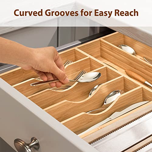 Umilife Bamboo Kitchen Drawer Organizer, 13 Inch Silverware Utensil Tray Holder, Extra Deep Grooved Drawer Divider, 7 Slots Total Bamboo Wood Caddy for Flatware Cutlery Knives, Forks, Spoons